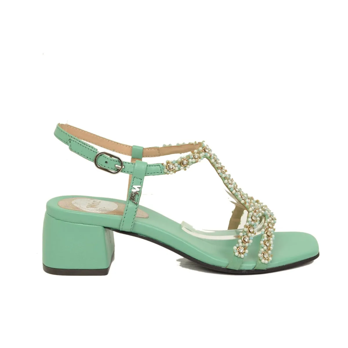 Sandali Donna in Pelle Azzurri con Tacco Medio e Strass