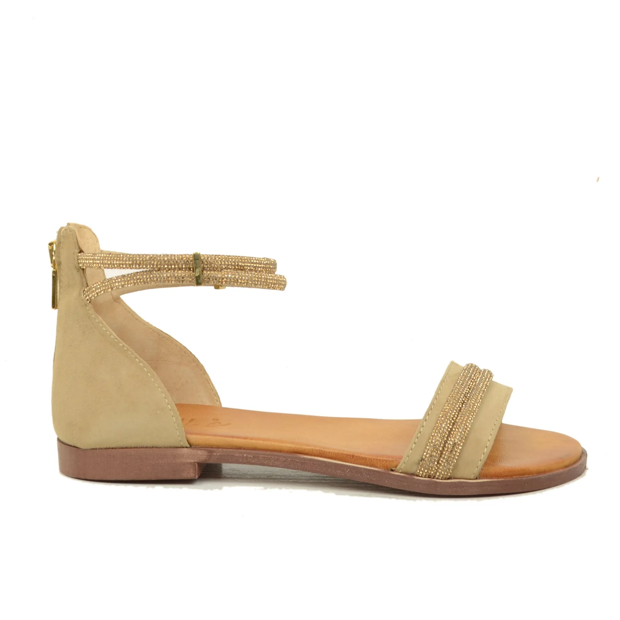 Sandali Donna in Pelle Scamosciata Taupe con Strass e Zip