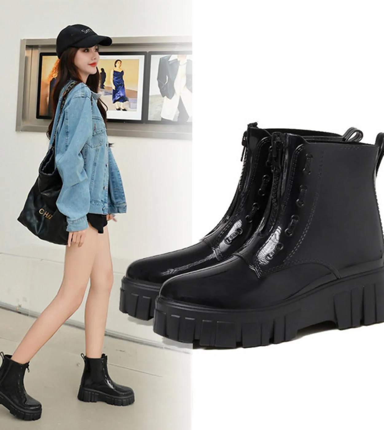 Scarpe da acqua Scarpe da donna Moda Stivali da pioggia alla caviglia Gomma morbida Pvc Impermeabile Donna Zipper Flats Stivali