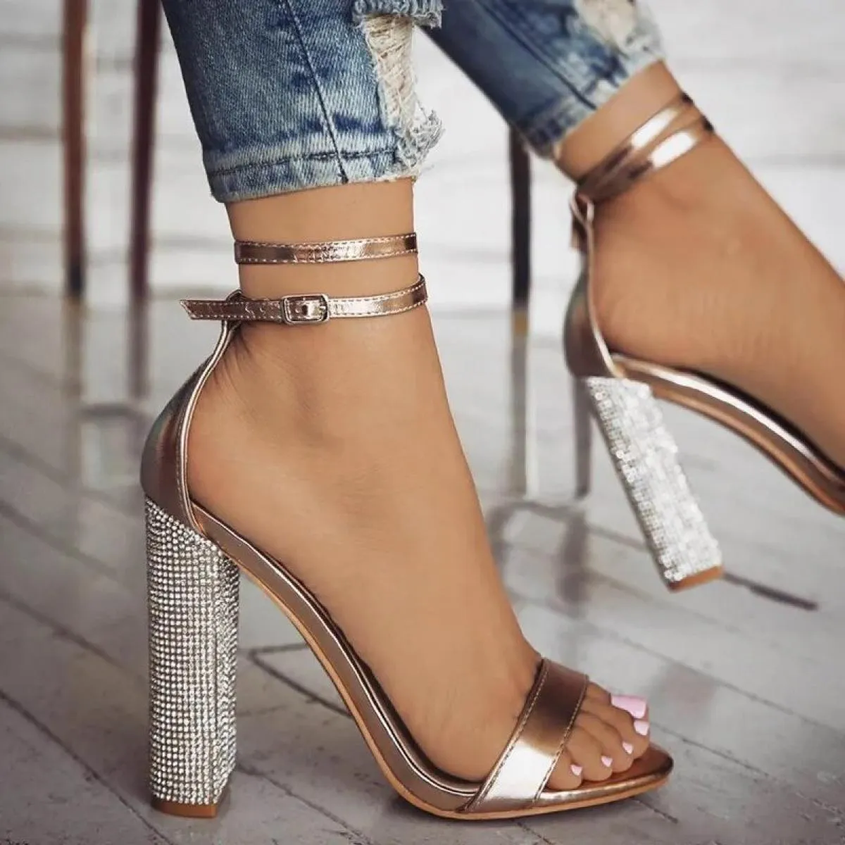 Scarpe da donna con strass dorati, cinturino alla caviglia, sandali con tacco alto, scarpe da donna, abito da festa di nozze, sa