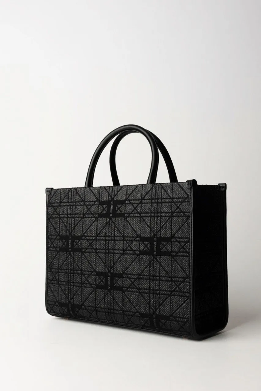 Shopper media in rafia con logo Nero