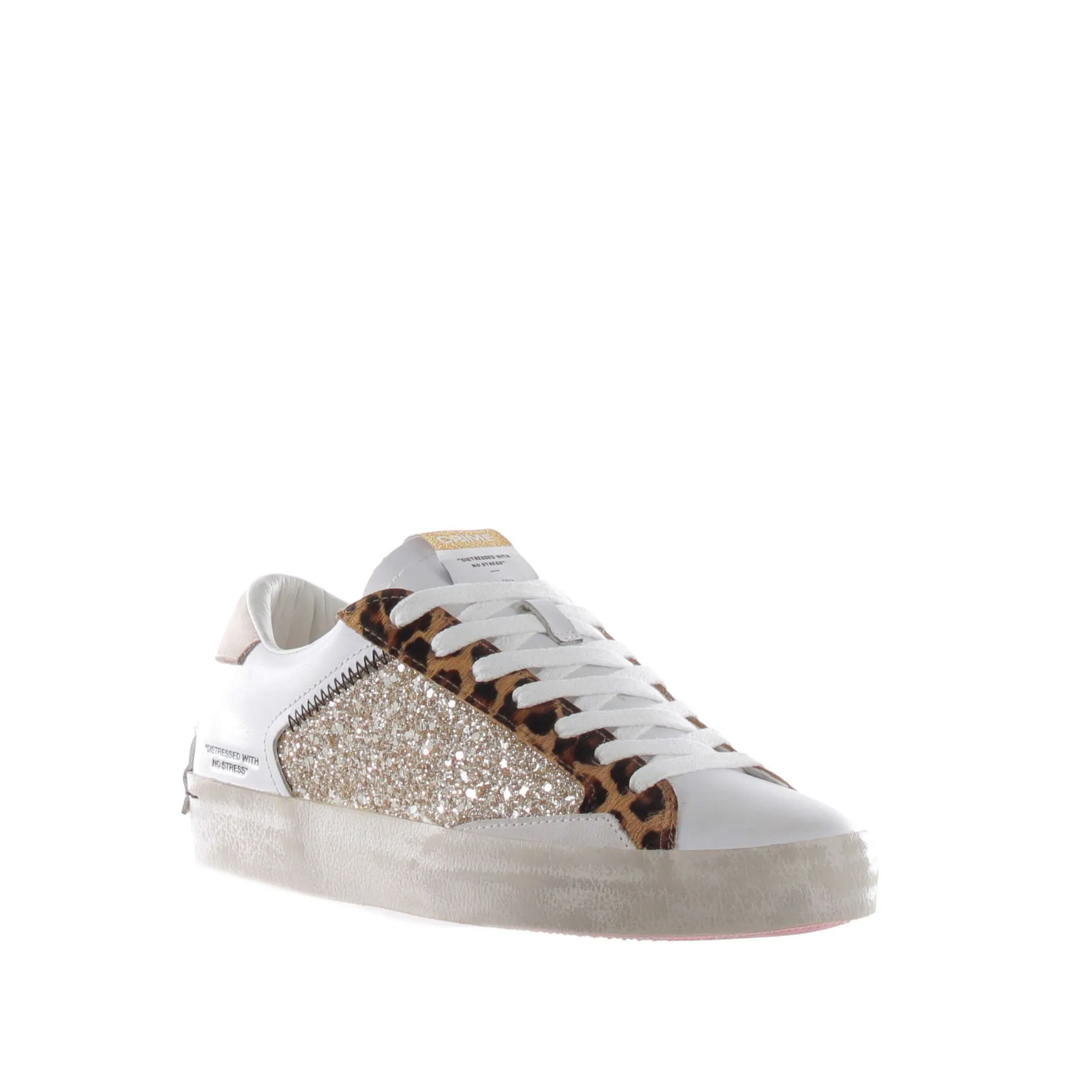 Sneaker distressed in pelle con glitter