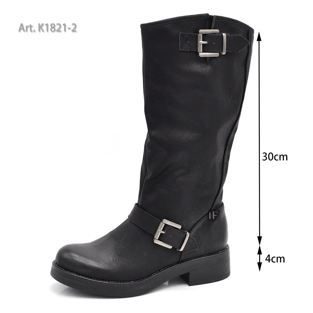 Stivali Da Donna Moto Motociclista Biker Anfibi Doppie Fibbie K1821-2