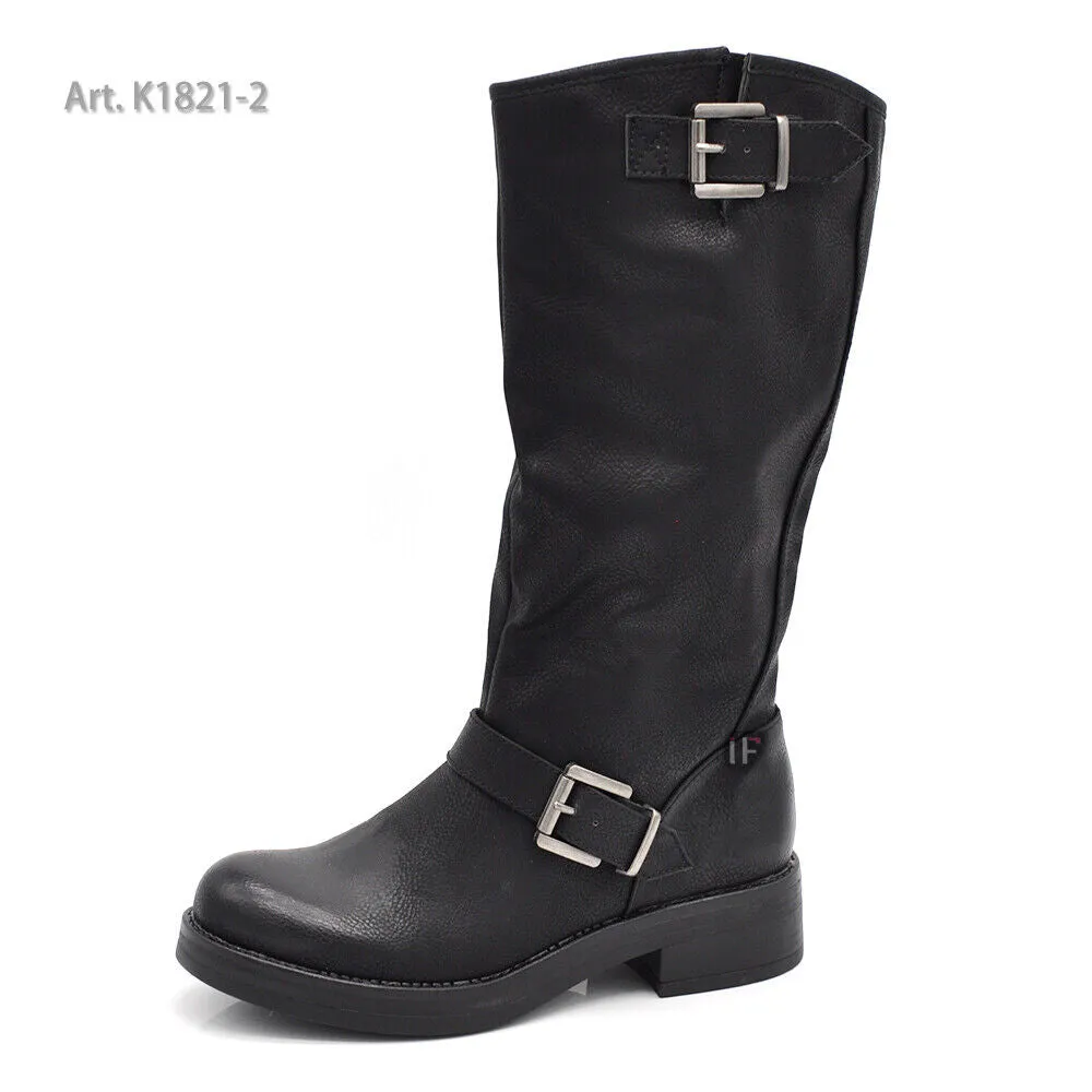 Stivali Da Donna Moto Motociclista Biker Anfibi Doppie Fibbie K1821-2