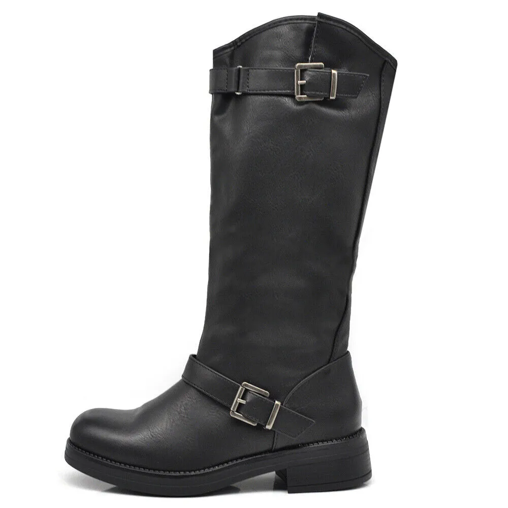 Stivali Da Donna Moto Motociclista Biker Anfibi Doppie Fibbie LY55-1