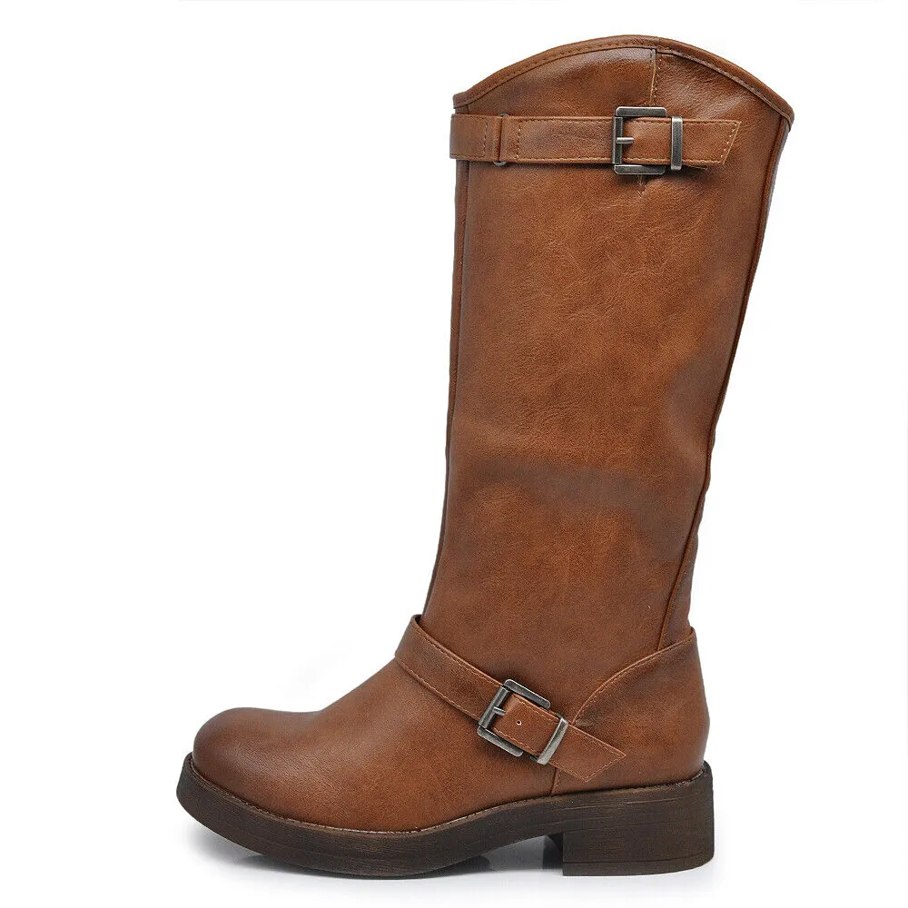 Stivali Da Donna Moto Motociclista Biker Anfibi Doppie Fibbie LY55-1