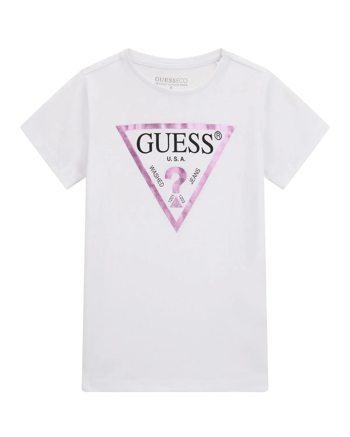 T-shirt bianca in cotone a maniche corte con stampa logo triangolo rosa laminato 8-16 anni