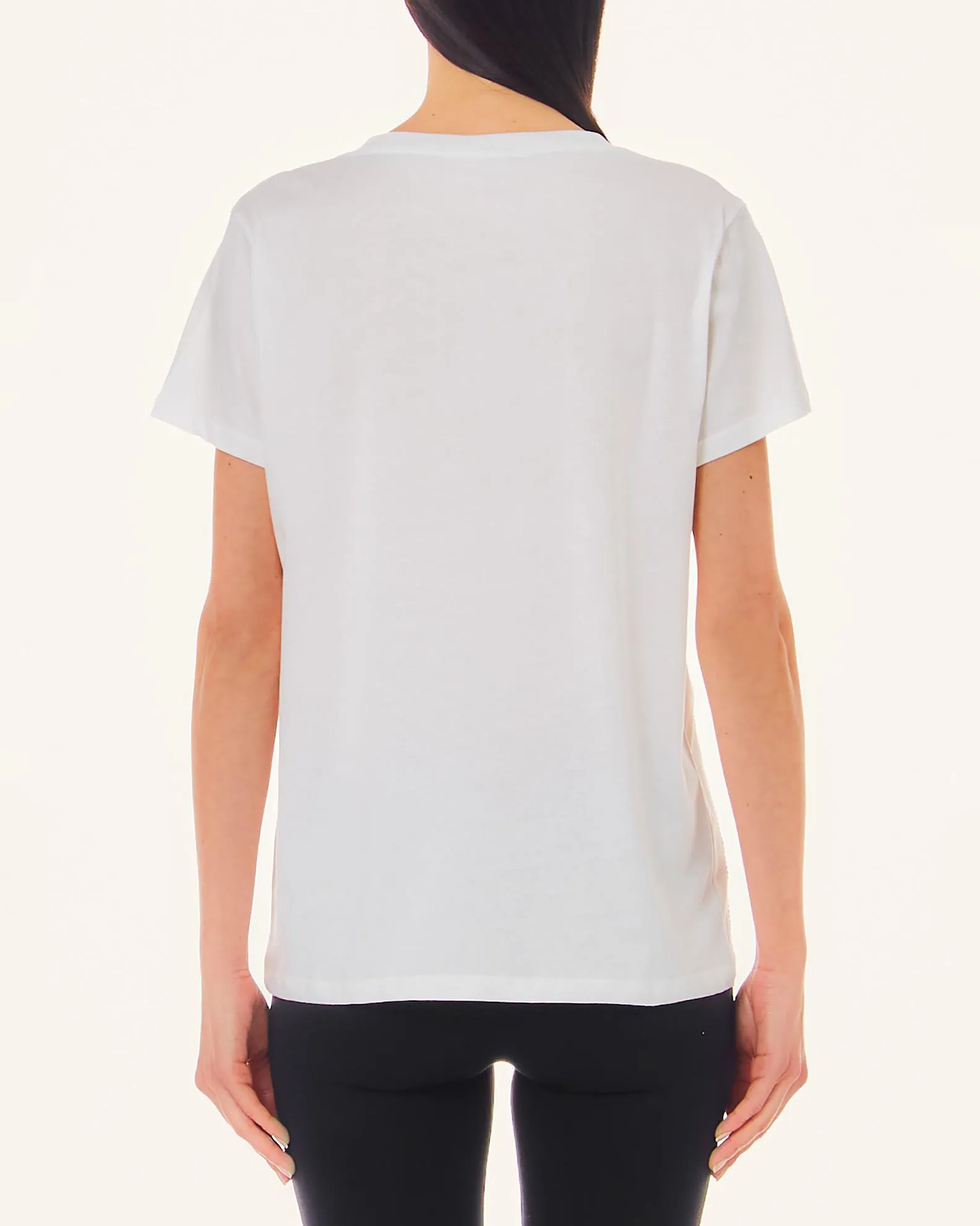 T-shirt bianca in cotone con motivo a catena in strass dorati lungo il fianco