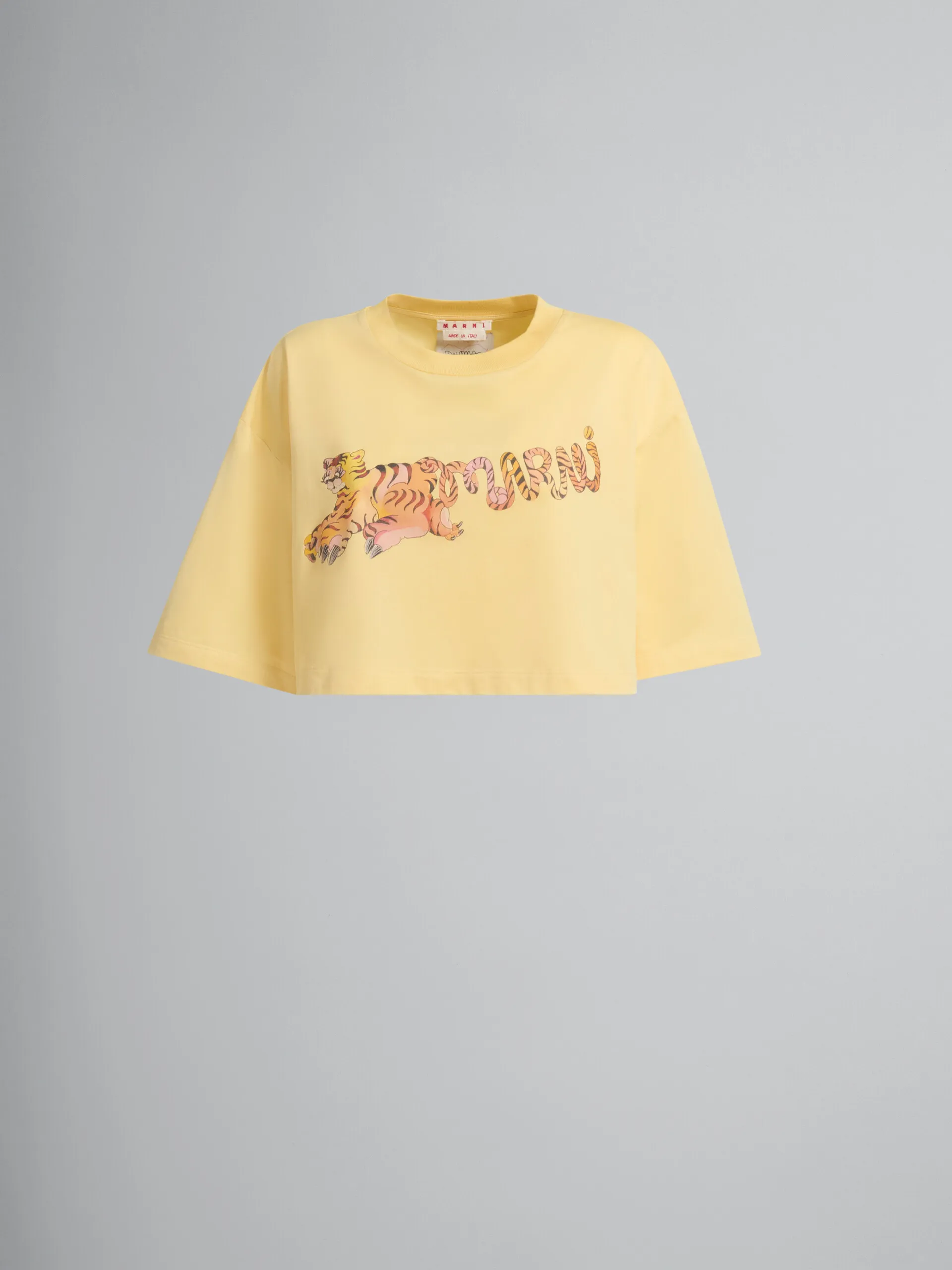 T-shirt crop in cotone biologico giallo con stampa
