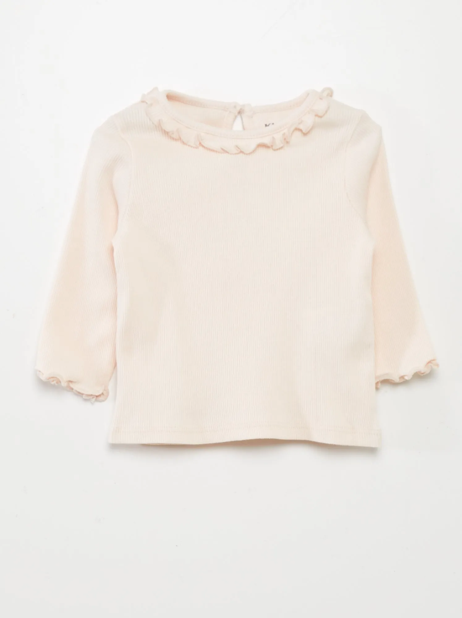 T-shirt in maglia a coste con collo con volant - ROSA