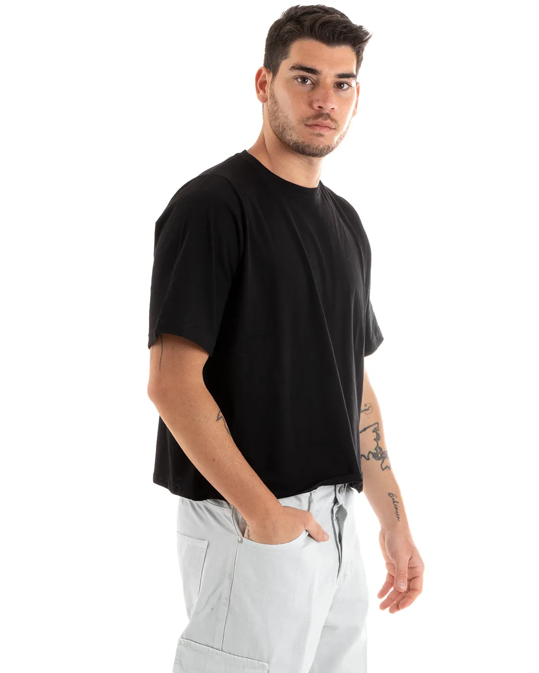 T-shirt Uomo Cropped Oversize Boxy Fit Tinta Unita Corta Nera Casual GIOSAL-TS2879A