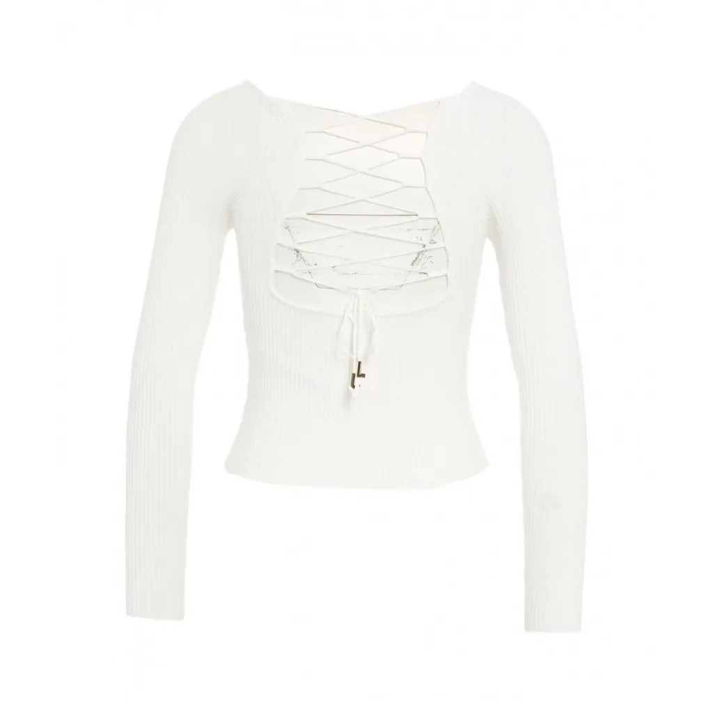 Top in maglia a coste con allacciatura bianco