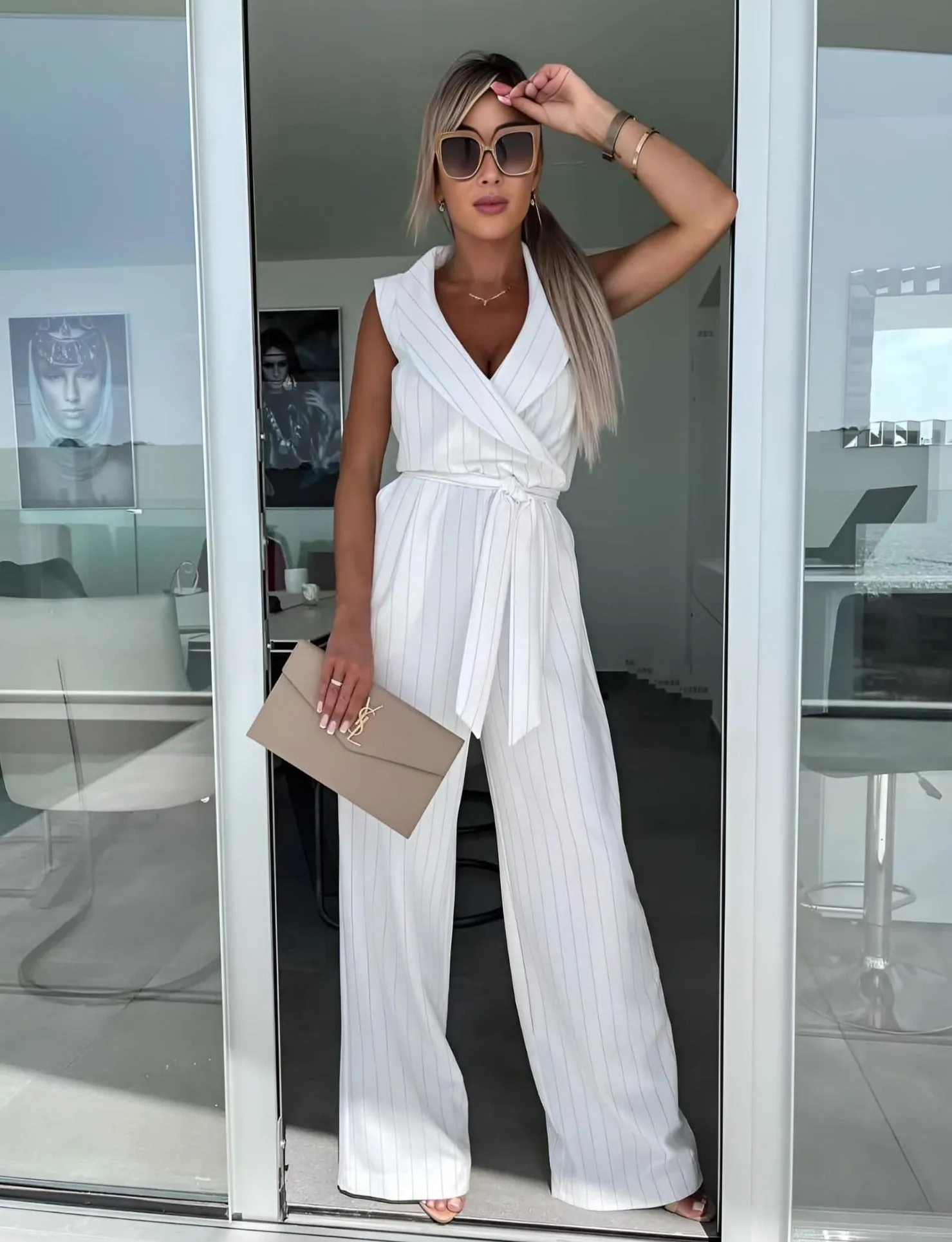 Tuta Donna Cintura Giromanica Scollo V Pantalone Palazzo Fantasia Righe Casual Elegante